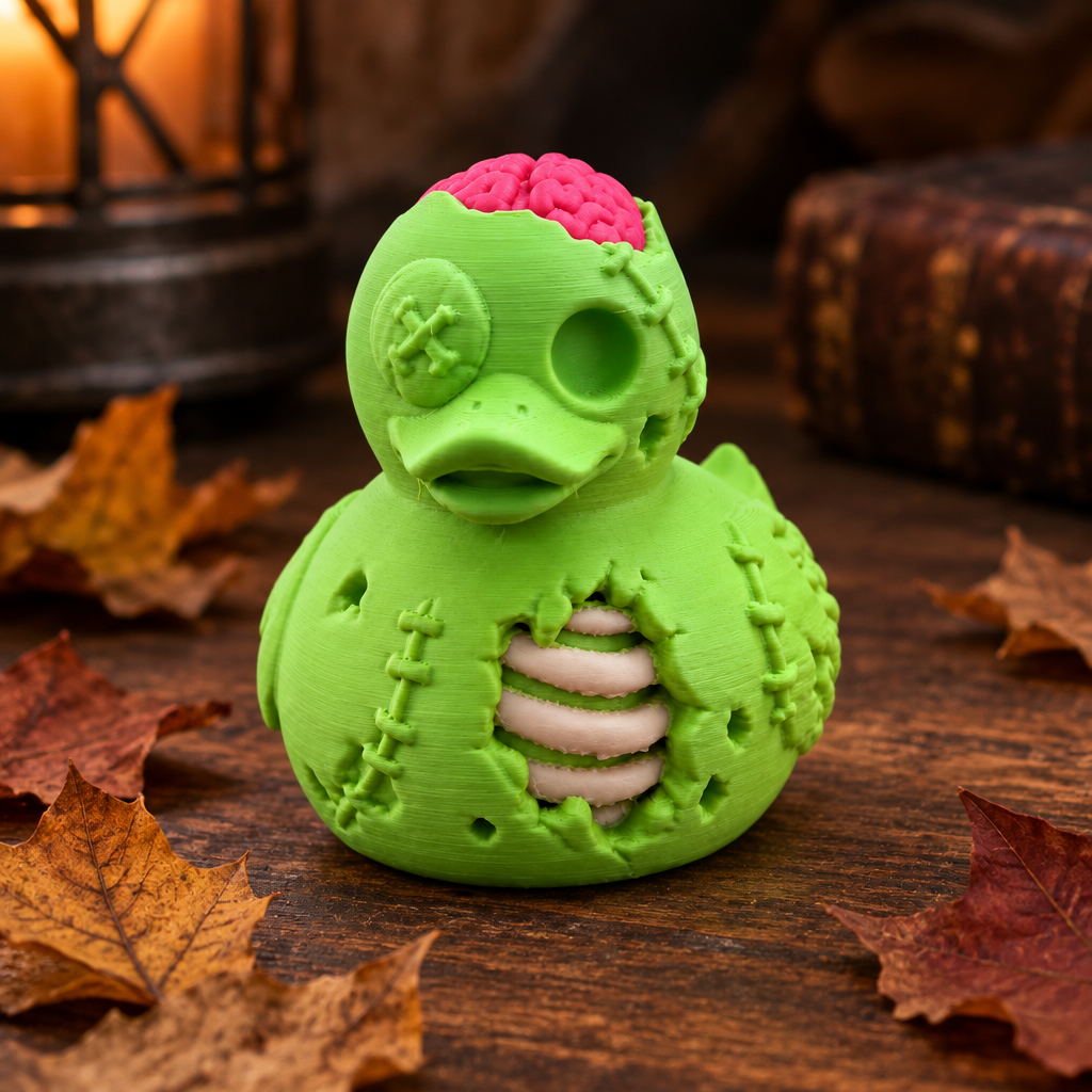 Green Zombie Jeep Duck on moody side table