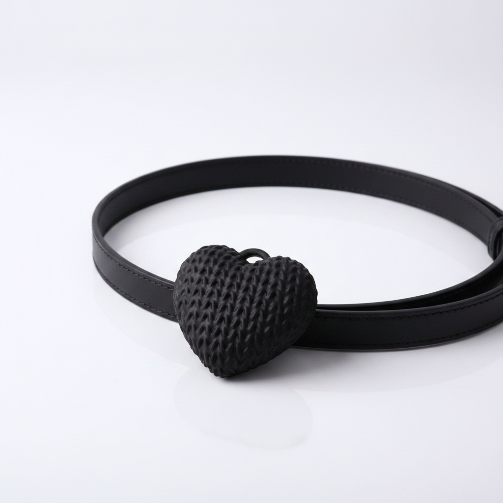 Matte black knitted heart charm on leather handbag strap against white background