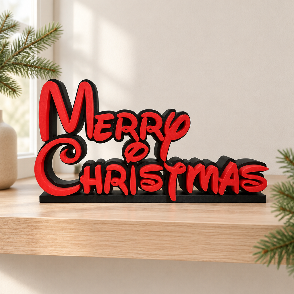 Red-on-black freestanding Merry Christmas sign on a light oak shelf