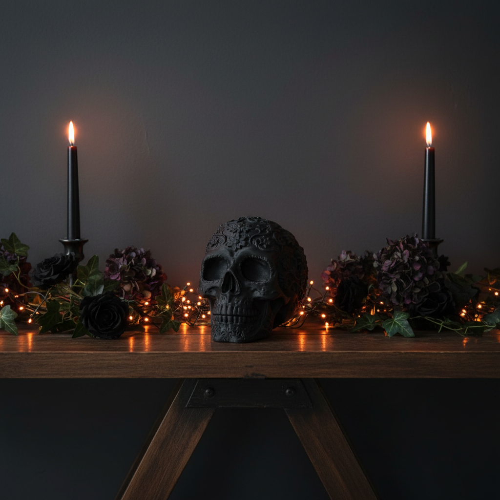 Matte black Mexican skull on dark console table with tall black candles orange fairy lights and dark botanicals Halloween lifestyle