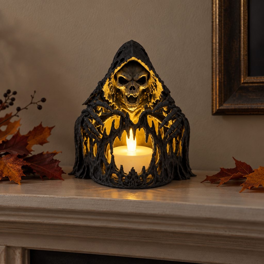 Black hooded skeleton tealight holder on an entryway console with a subtle Halloween wreath behind it