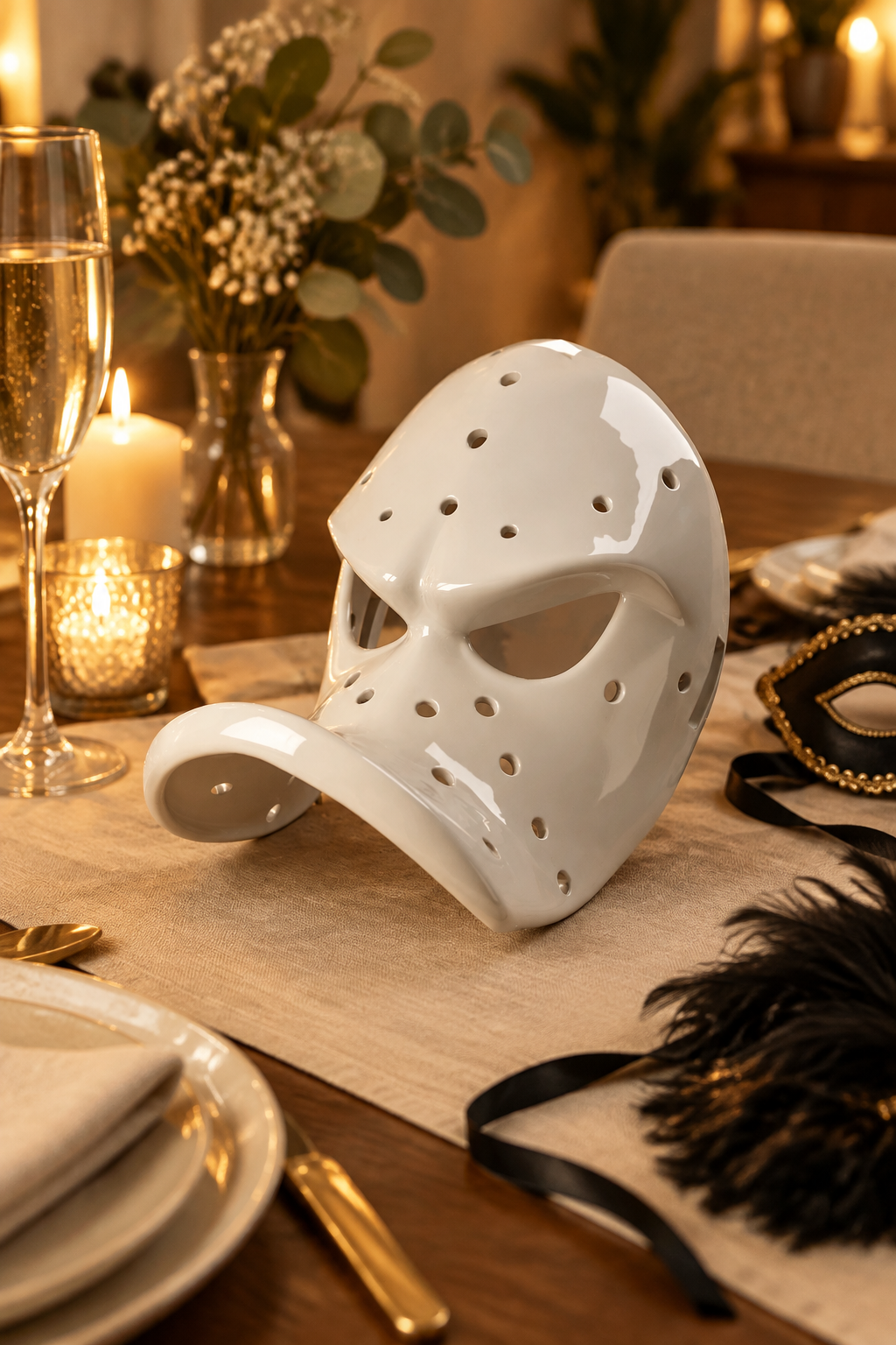White perforated Duck Bill Mask displayed on a modern dining table