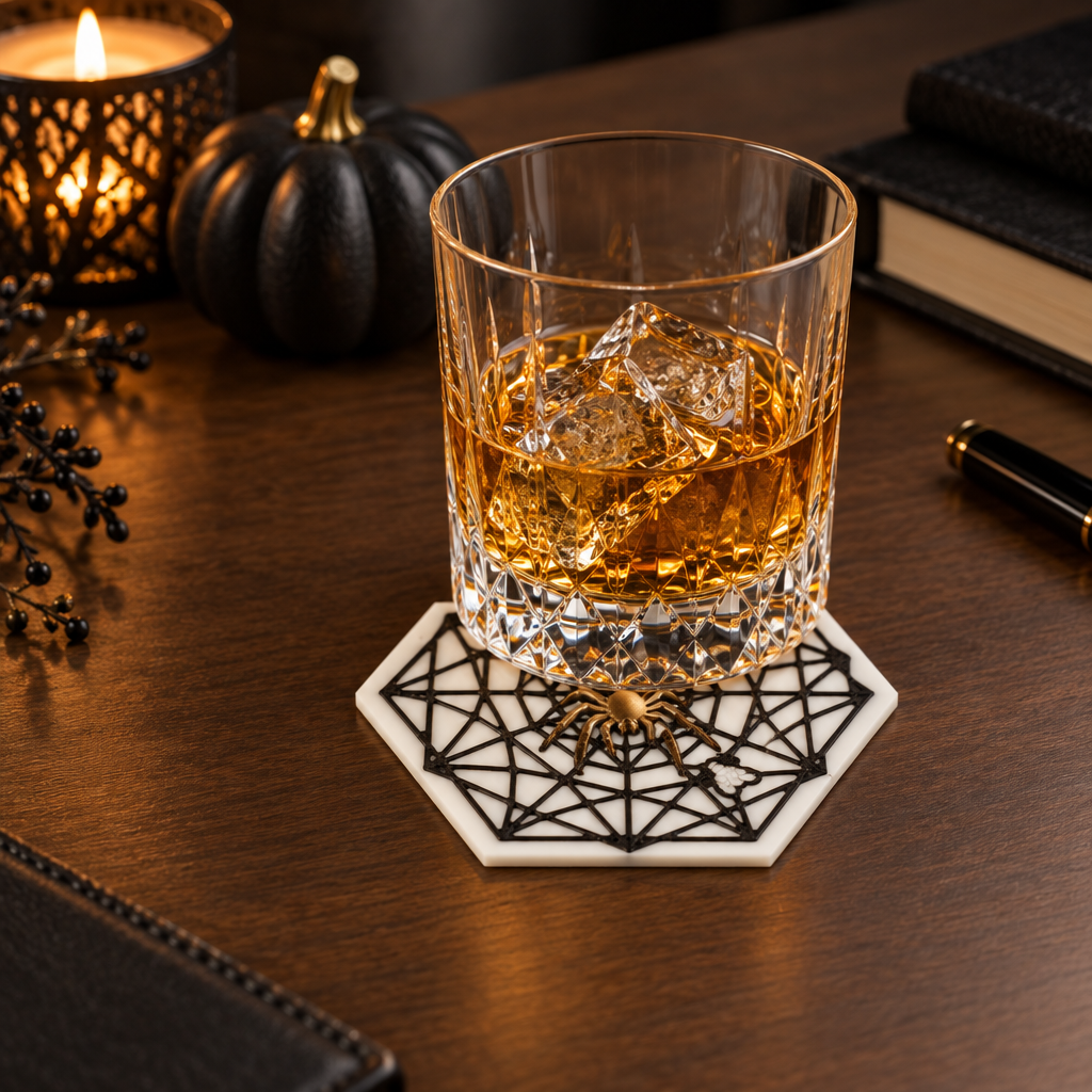 Spider Web Coaster on minimalist desk