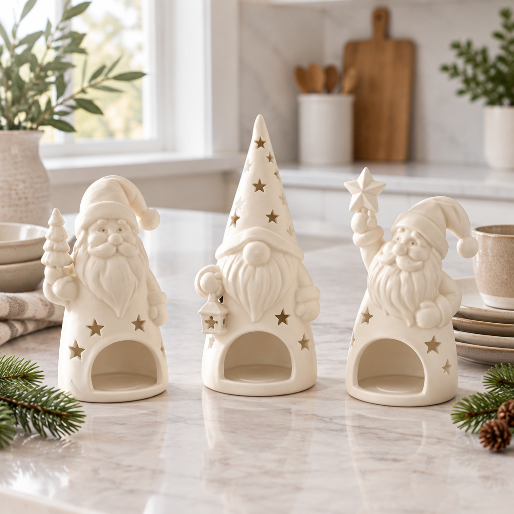 Three white Santa tealight holders arranged unlit on a bright kitchen island.