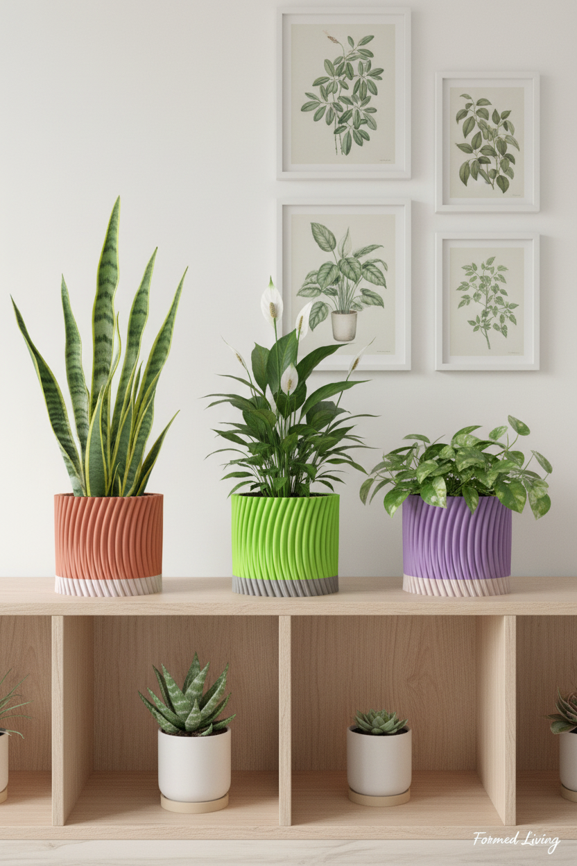 Modern Twist Self-Watering Planter three colours on oak shelving unit