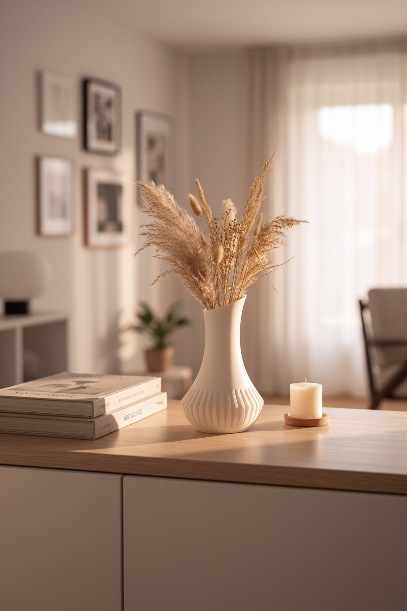 Veluna vase in matte white on wooden shelf