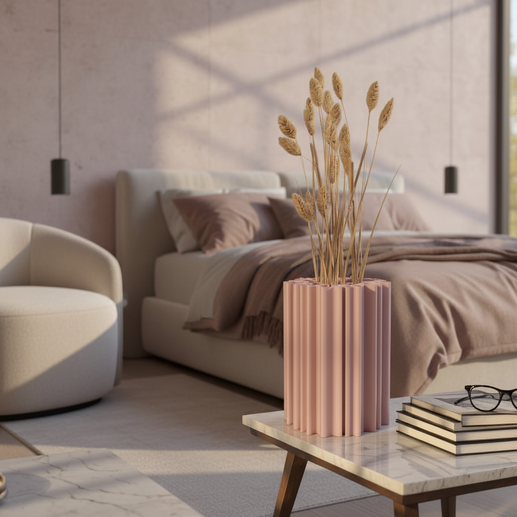 Dusty pink coral organic vase with dried bunny tail grass on a marble side table in a soft bedroom setting