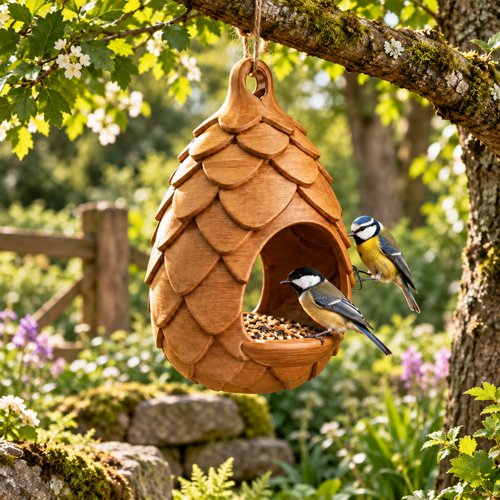 Pinecone feeder in sunny oak grove