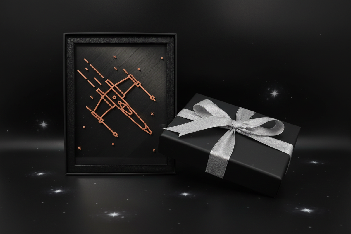X-Wing Neon Line Art shadow box presented as a gift in a sleek black box with silver ribbon