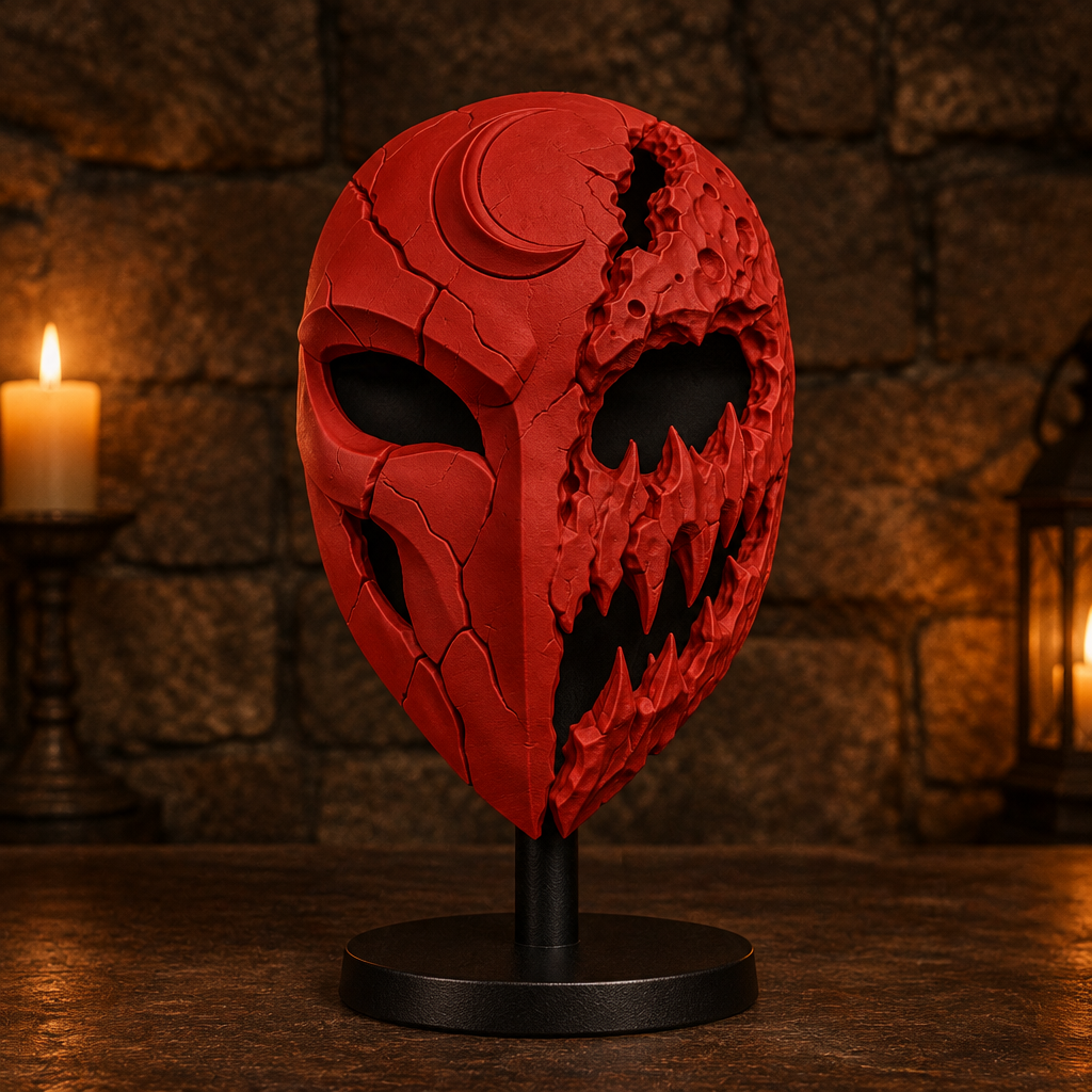 Red Mooneater Mask displayed against an old stone wall, strap not included.