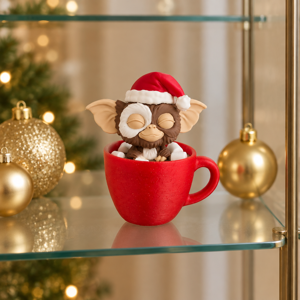 Gizmo Christmas ornament displayed on a glass shelf among gold baubles