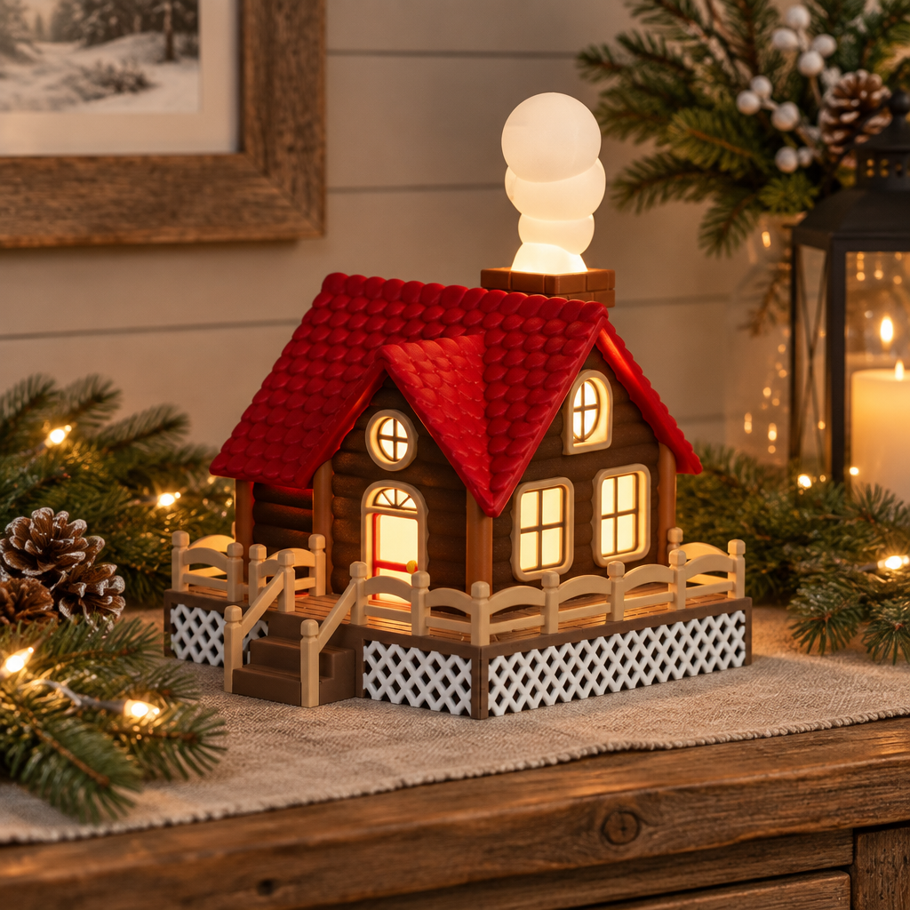 Log cabin tealight holder styled on a rustic console with greenery