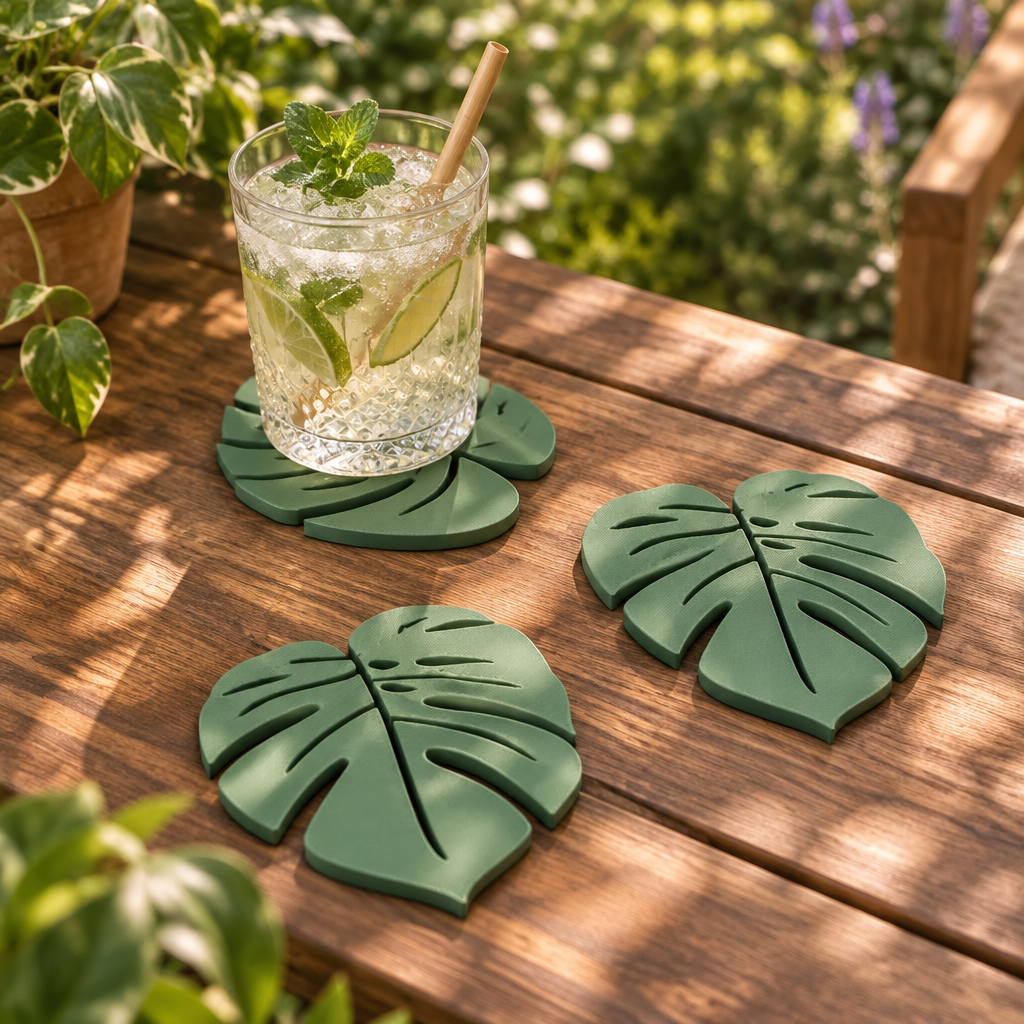 Sage green monstera leaf coasters holding a mojito on a wooden garden table in sunlight