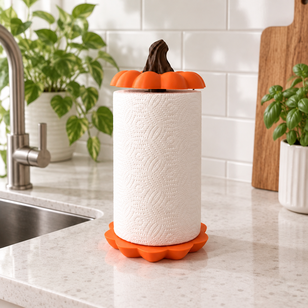 Pumpkin kitchen towel holder on a counter beside a kitchen sink