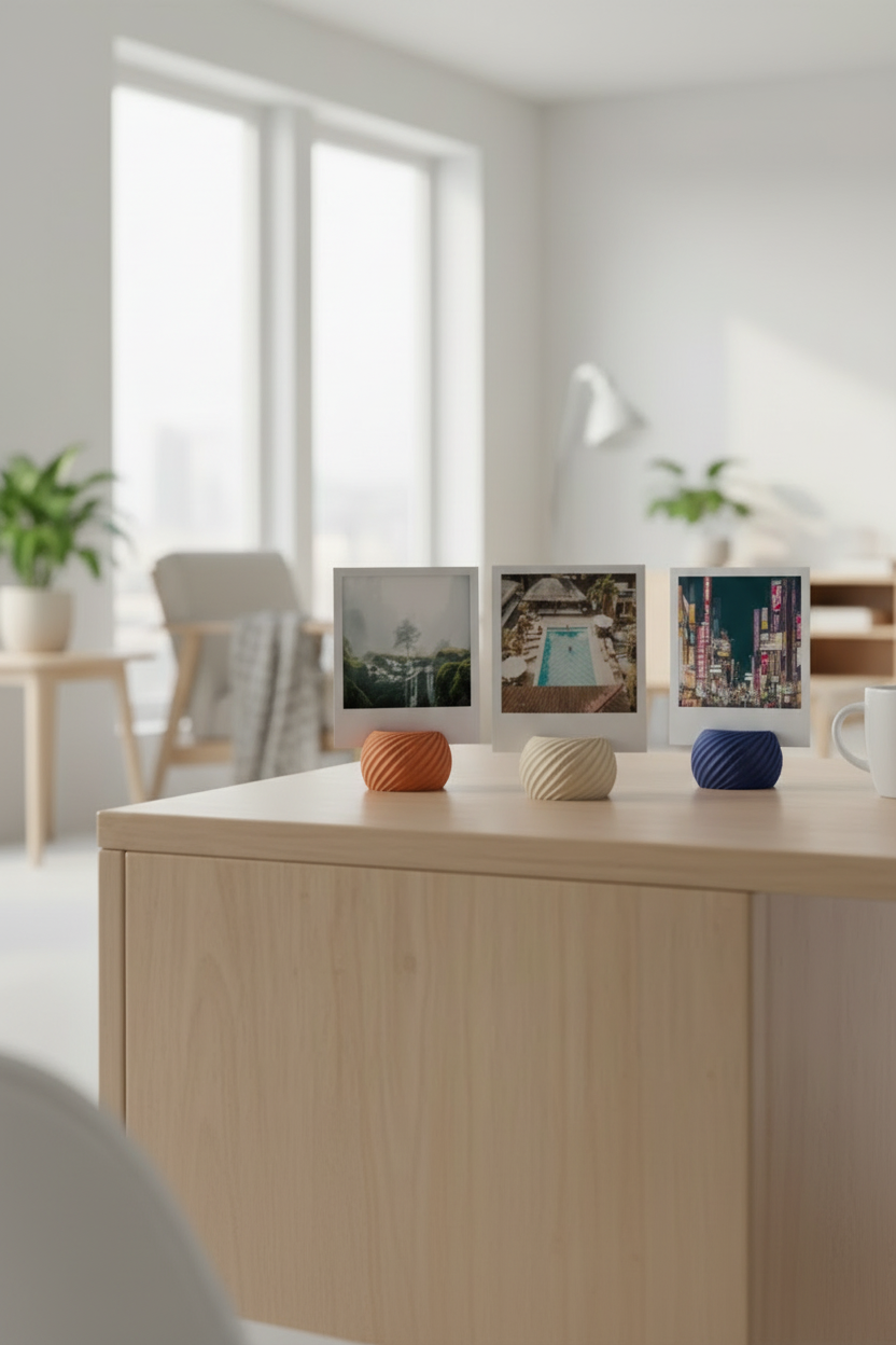 Three Swirl Base Photo Holders terracotta orange soft beige deep navy blue matte pebble swirl twist texture each holding polaroid print pale marble home office desk succulent white ceramic mug morning window light portrait