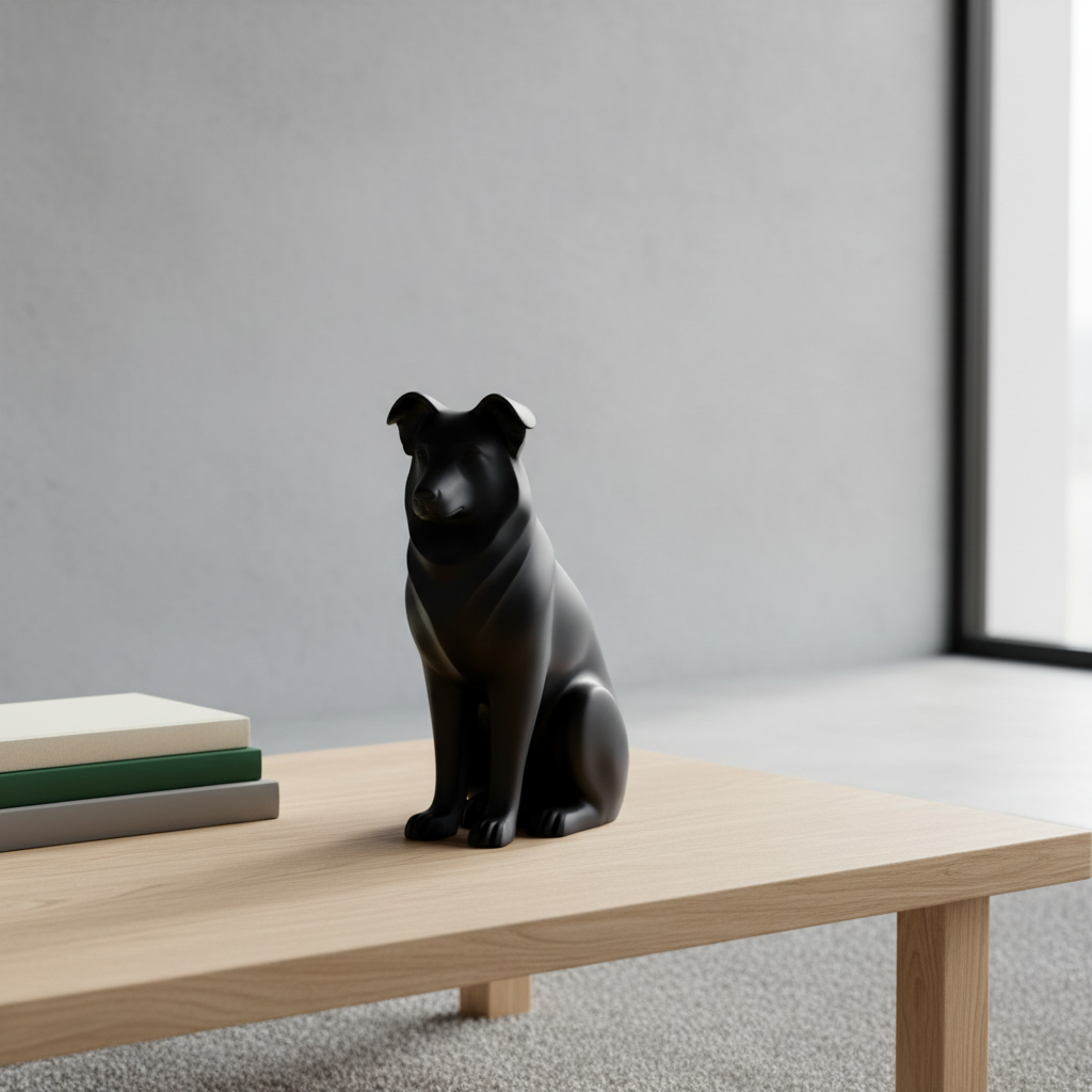 Black Australian Shepherd sculpture on an oak coffee table beside books