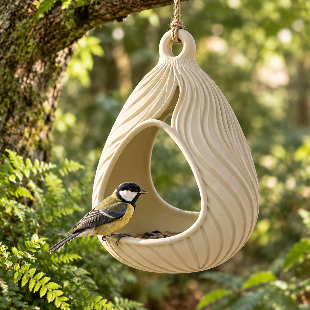 Sculpted bird feeder beside woodland ferns