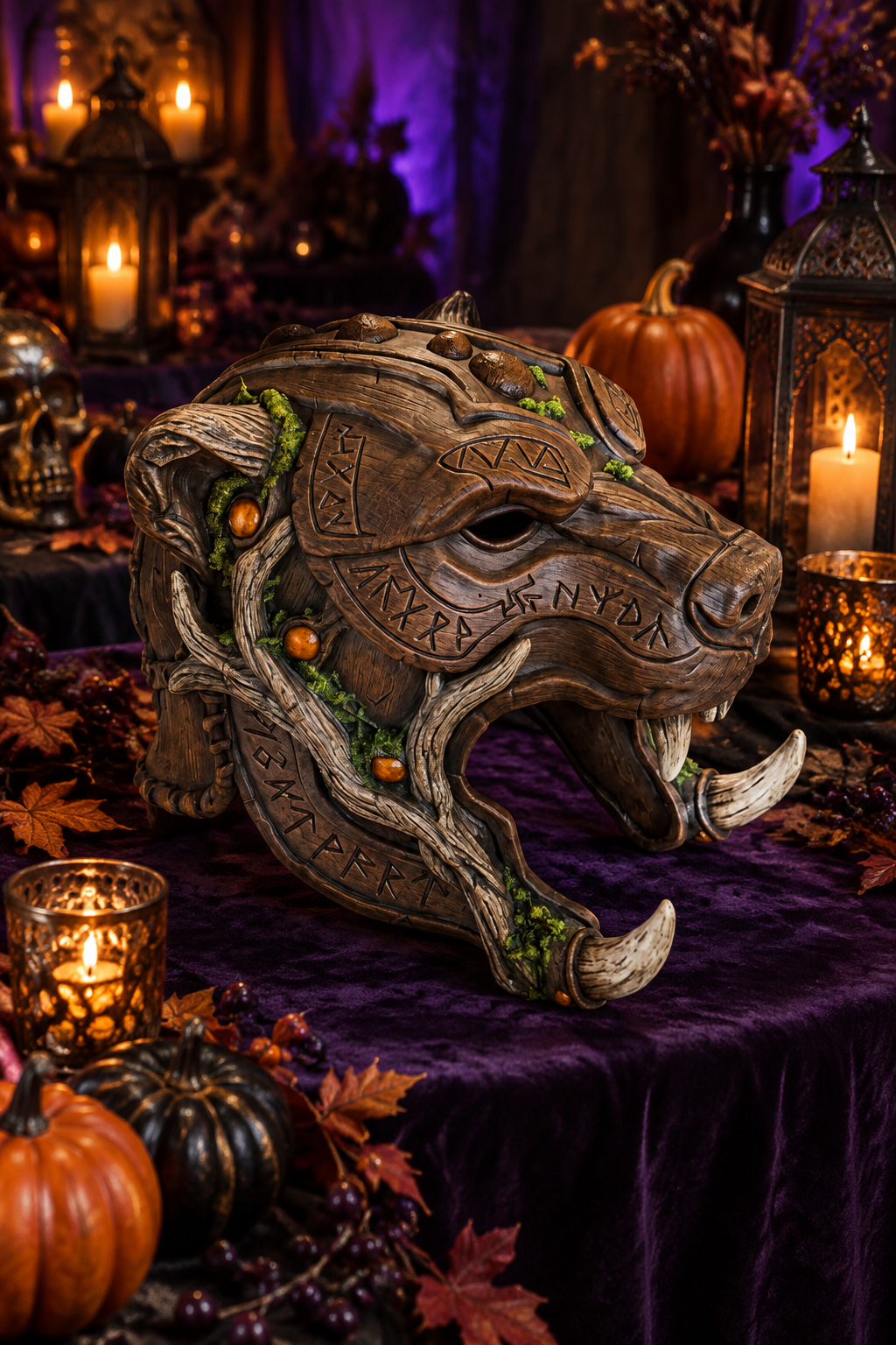 Runic Beast Mask displayed on a Halloween party table with pumpkins and lanterns