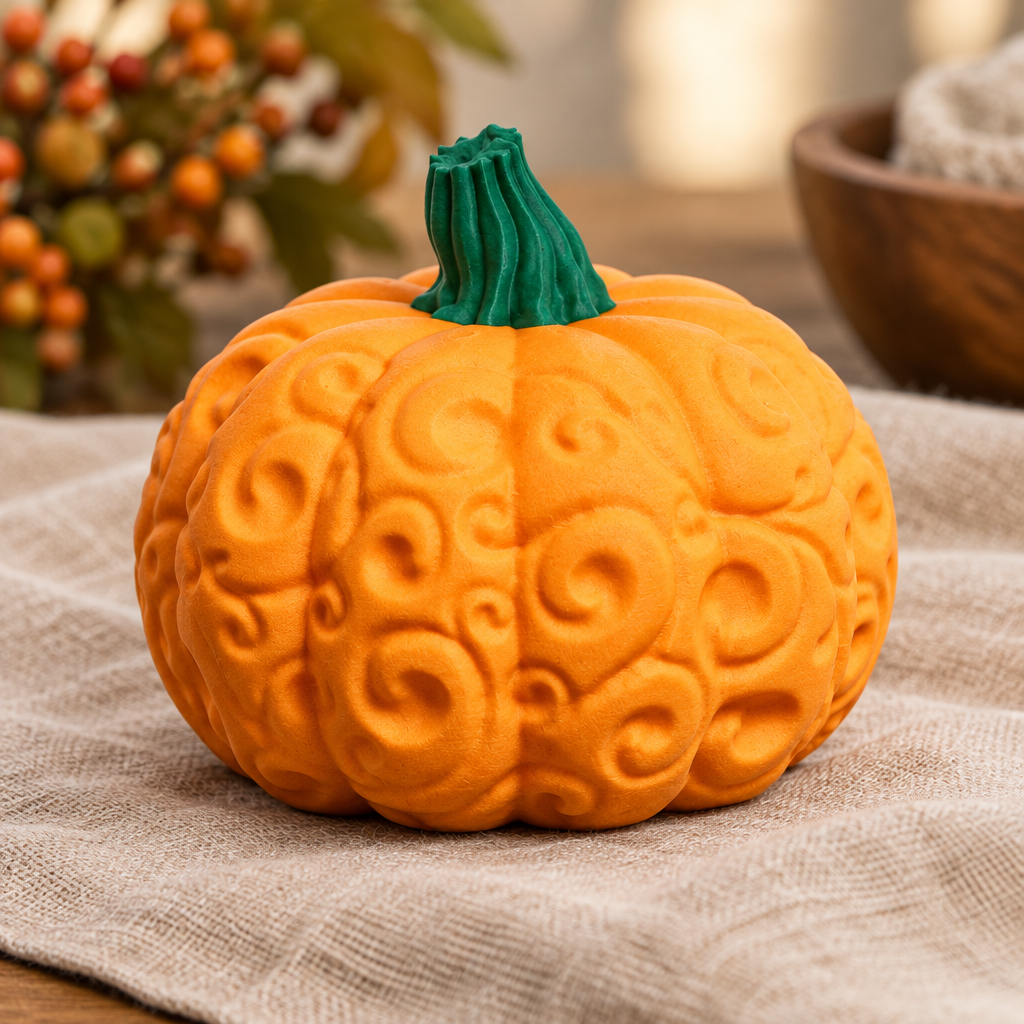 Orange swirl pumpkin close-up on linen