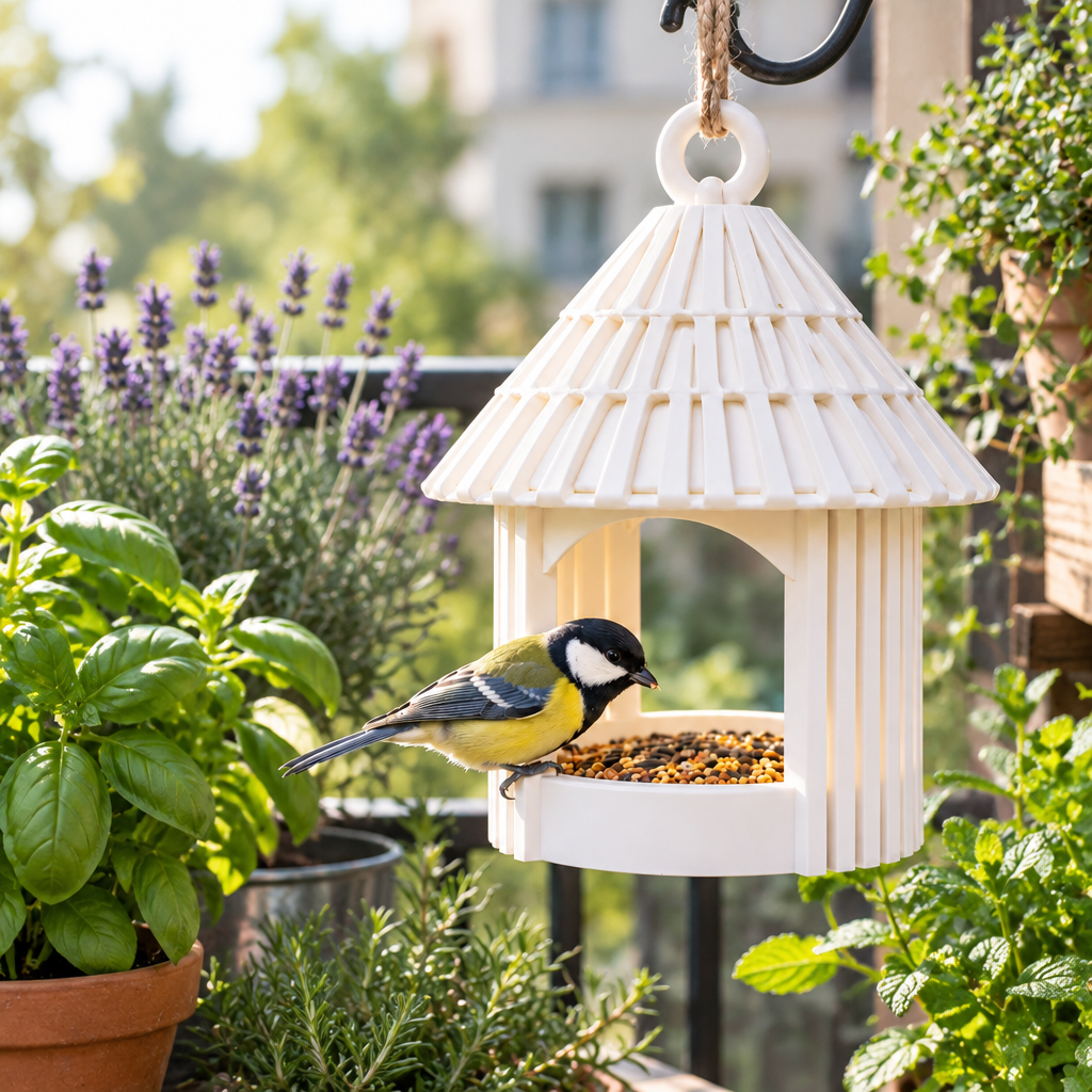 Garden Hut feeder on a herb-filled balcony