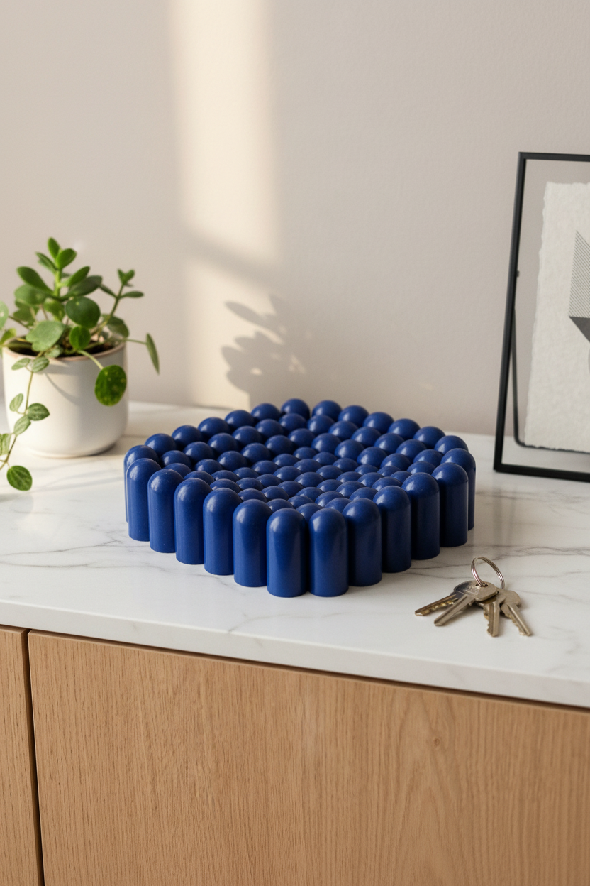 Blue sea anemone catch-all bowl on marble countertop with keys and succulent