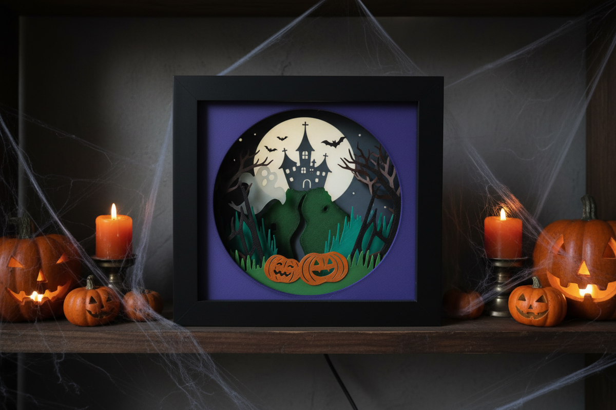 Halloween Shadow Box 2023 on a moody Halloween shelf with orange candles, pumpkins and cobwebs