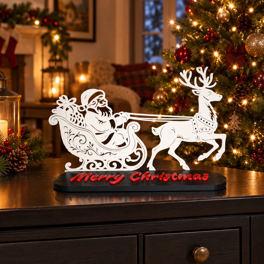 Santa in his sleigh Christmas topper displayed beside a Christmas tree