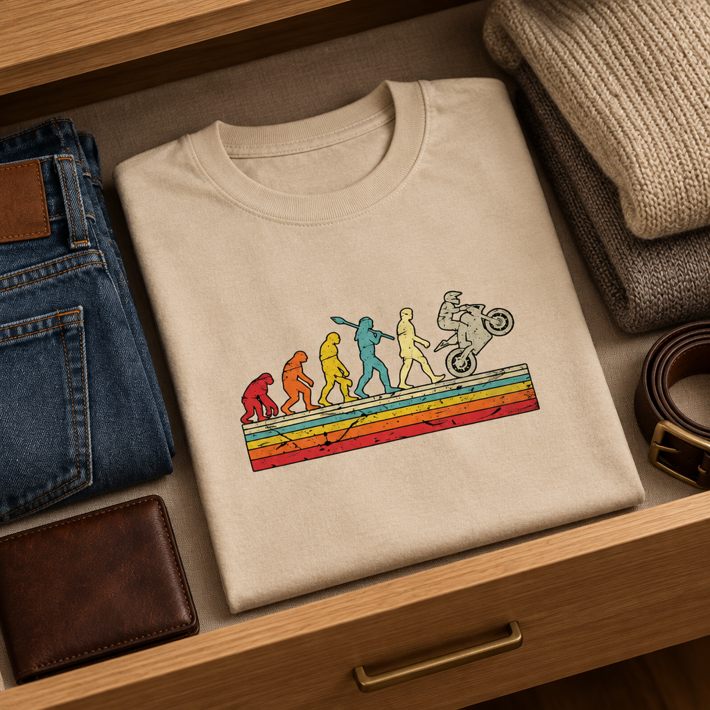 Beige Evolution of the Motorcyclist T-shirt styled for an outdoor lifestyle scene
