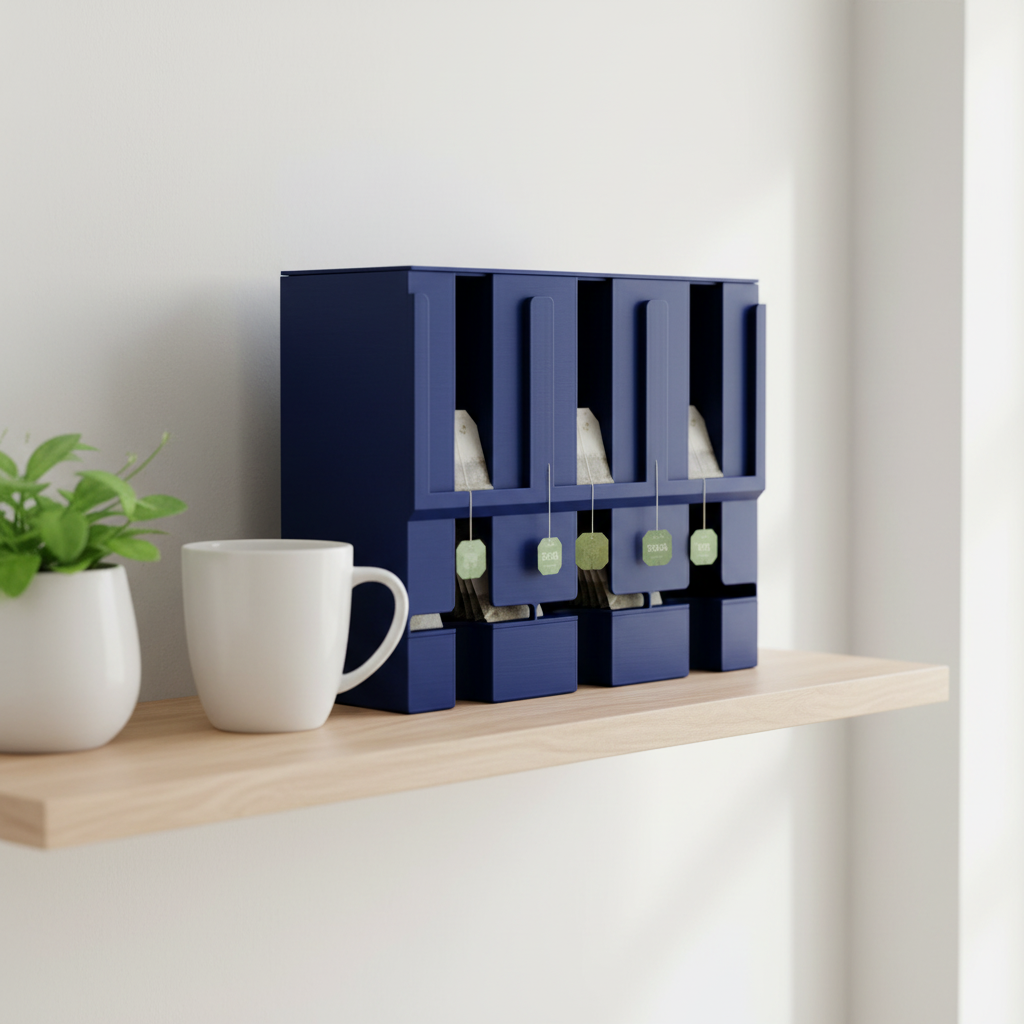 Stackable Tea Bag Dispenser - blue colourway on Scandinavian wooden shelf with white mug and plant