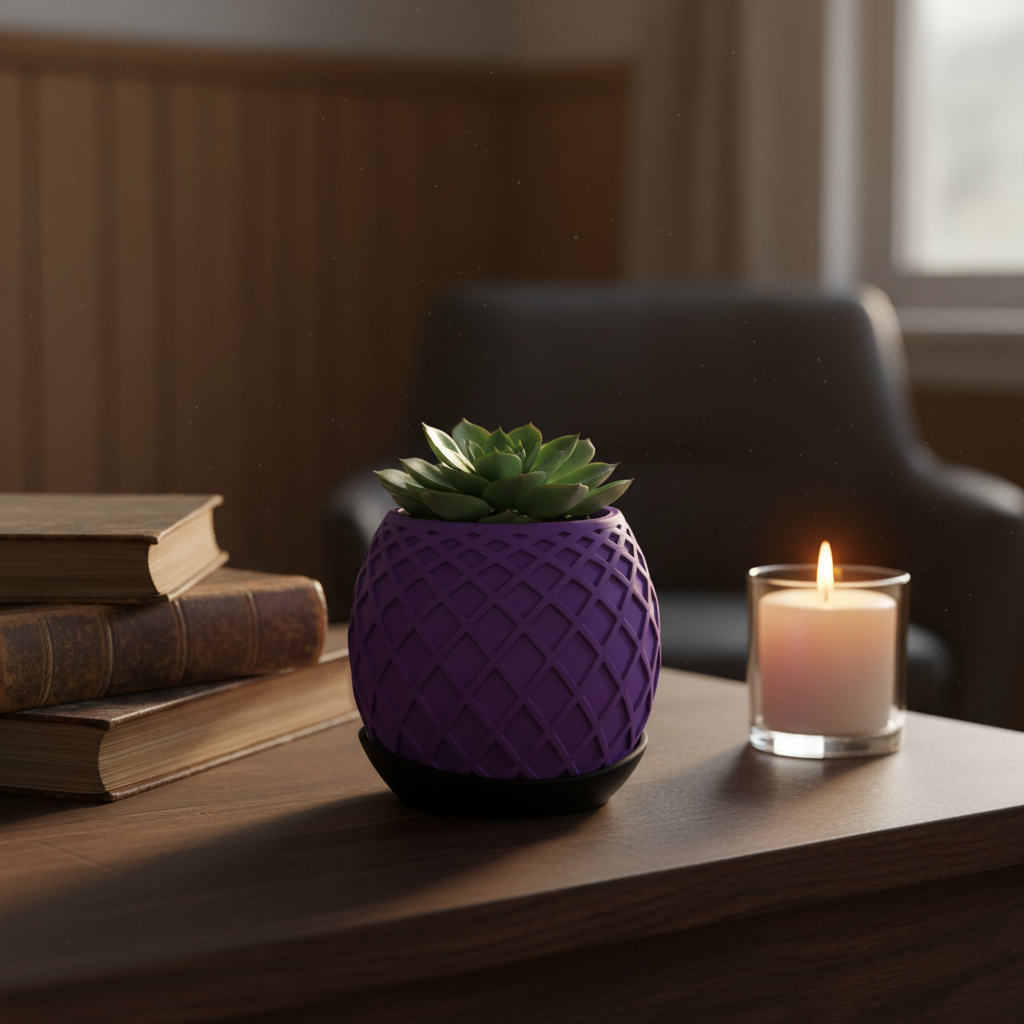 Purple lattice planter on dark desk lifestyle