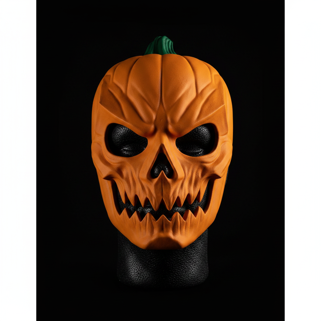 Pumpkin skull Halloween mask orange green stem close up front facing black foam mannequin head pure black studio dramatic split lighting carved pumpkin ribbing hollow eye sockets jagged broken tooth jaw sculpted cheekbones sharp precise detail square editorial