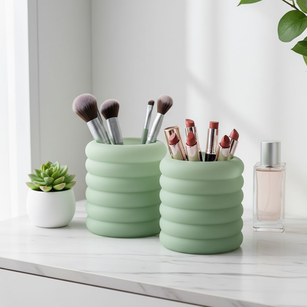 Sage green bubble torus organizer set on marble dressing table with makeup brushes and perfume