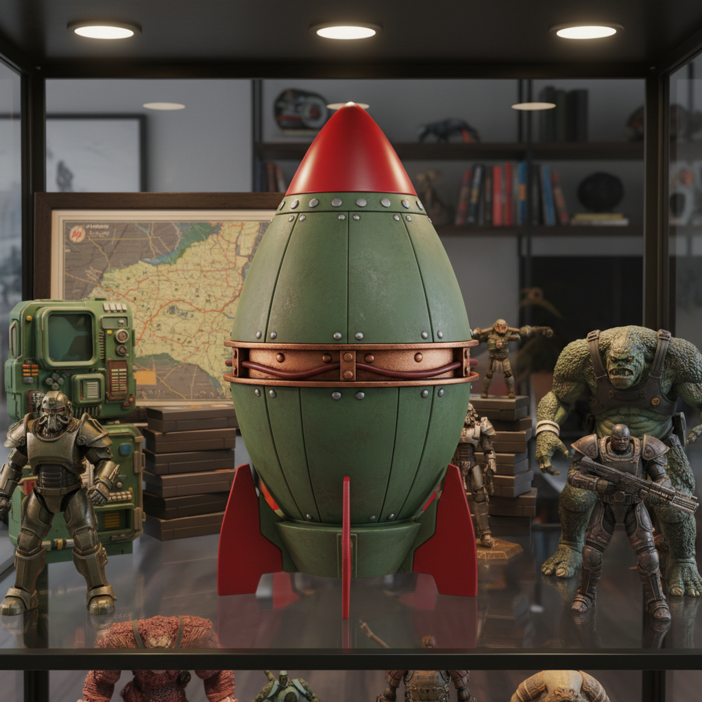 Fallout Mini Nuke display model on glass collector shelf with action figures and spotlight lighting