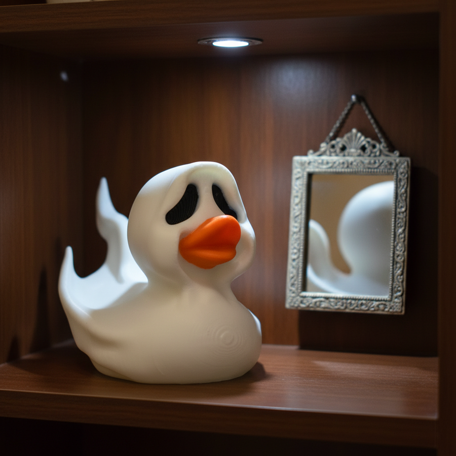 White Halloween ghost duck sculpture on a collector display shelf