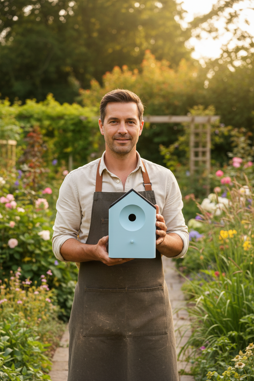 Man holding blue bird house in garden - lifestyle
