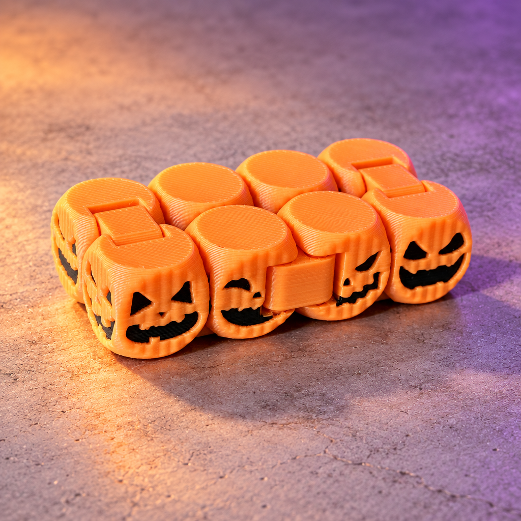 Orange articulated pumpkin fidget chain on pale concrete with dramatic shadows