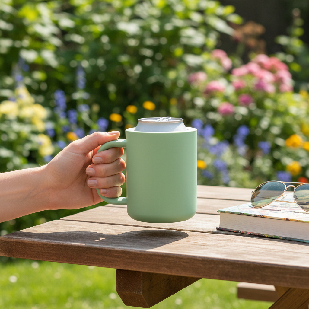 Sage green insulating can cooler held by woman at sunny garden picnic table with book and sunglasses