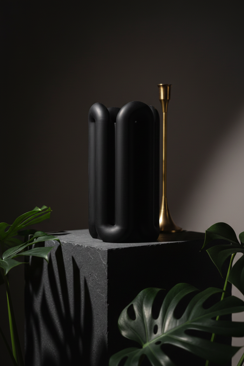 Charcoal black Wibble vase on dark slate with brass candlestick and monstera leaves moody luxury lifestyle