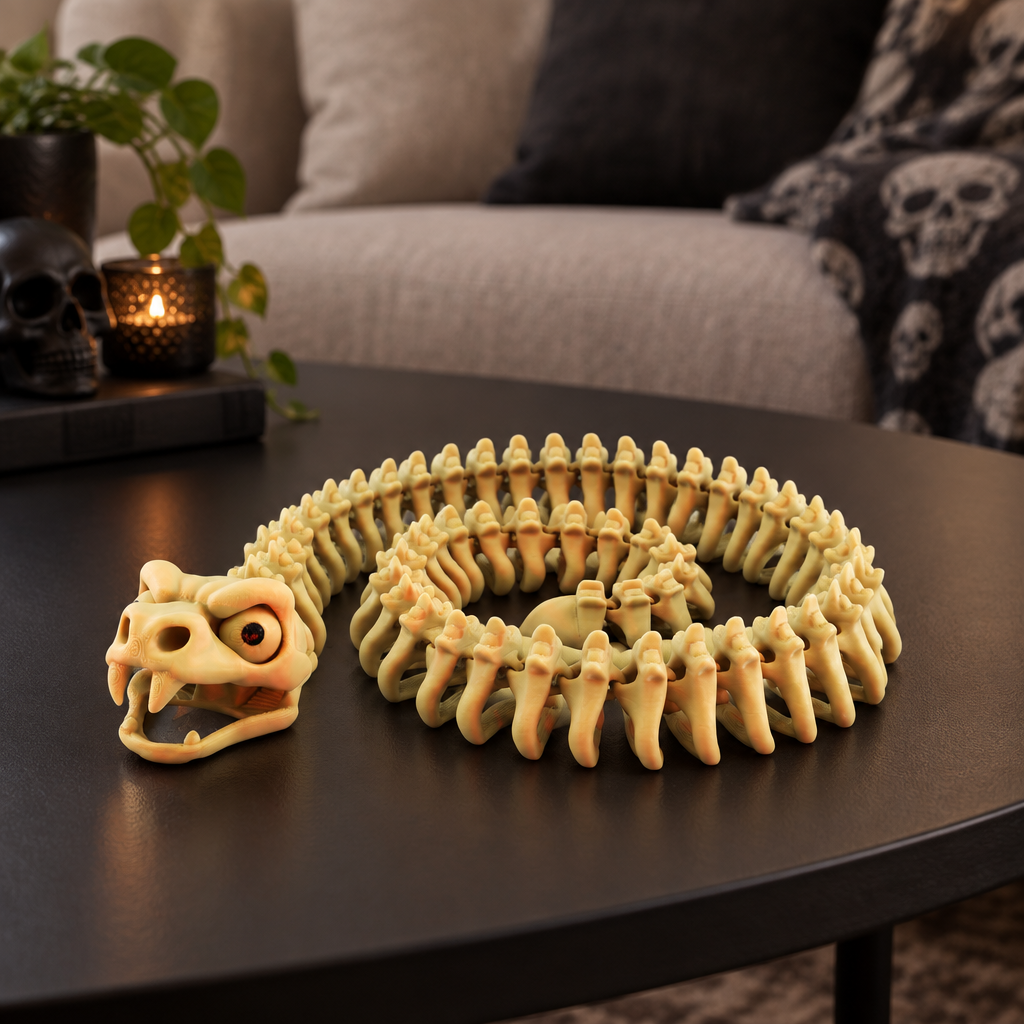 Bone-coloured Snake Skeleton fidget coiled on a black coffee table