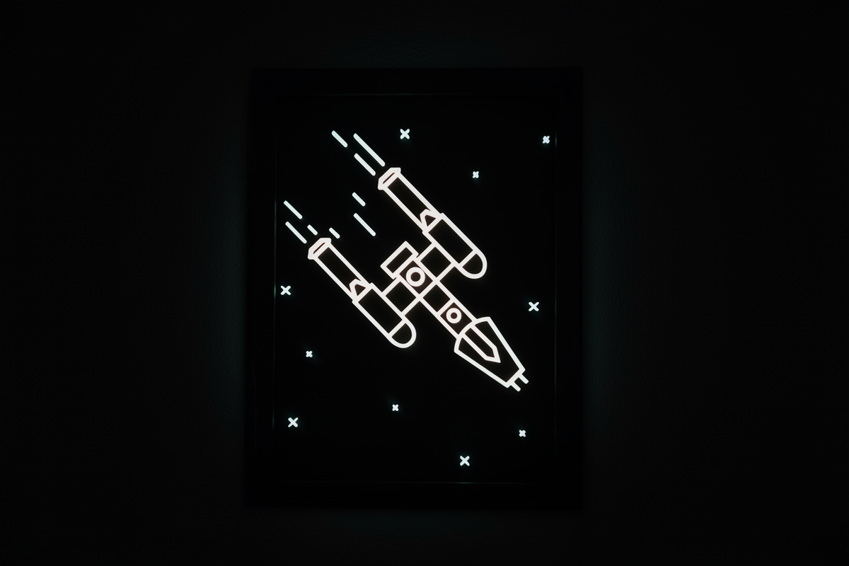 Y-Wing Neon Line Art shadow box glowing in the dark with vivid cockpit HUD style glow and glowing star markers