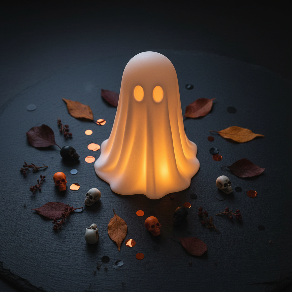 White glowing ghost flat lay on dark slate with skulls and autumn leaves Halloween lifestyle