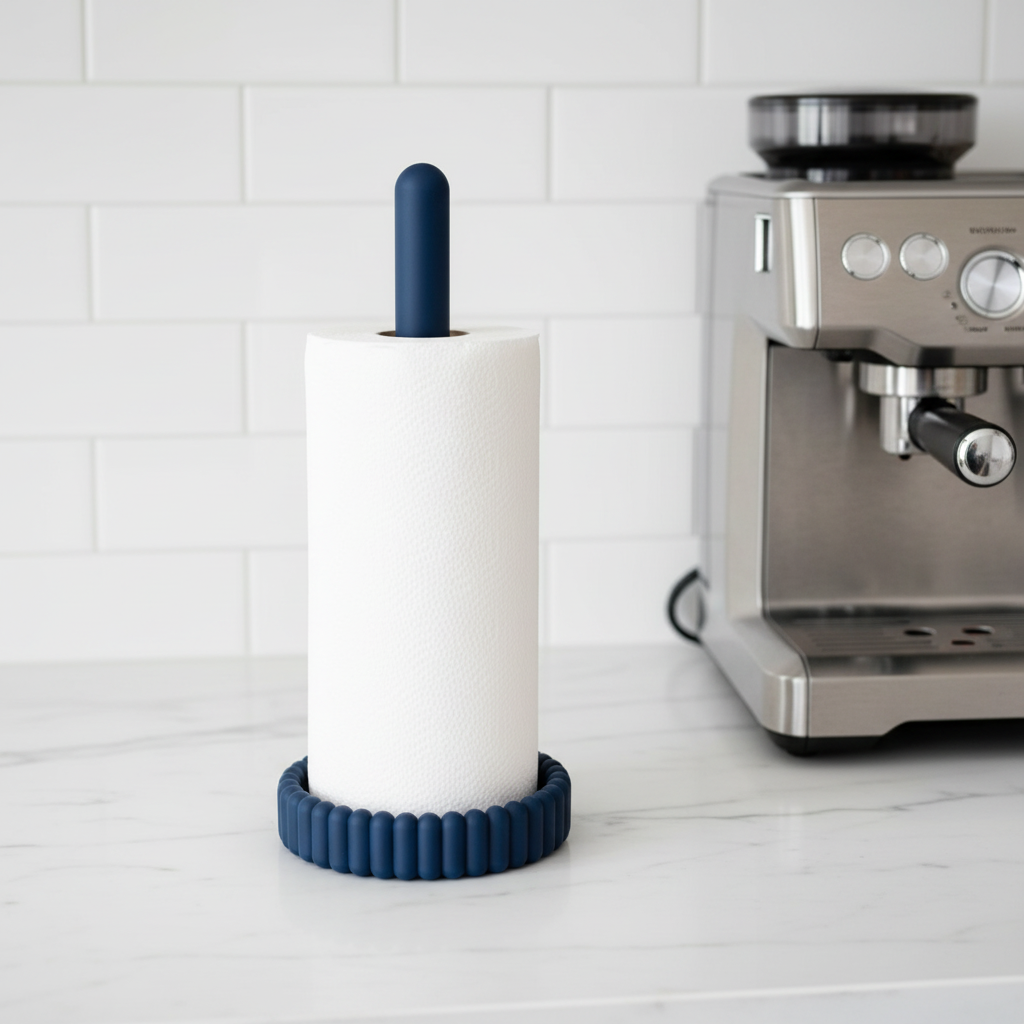 Kitchen Roll Paper Towel Holder - blue colourway with kitchen roll on marble counter, coffee machine and white tiles in background