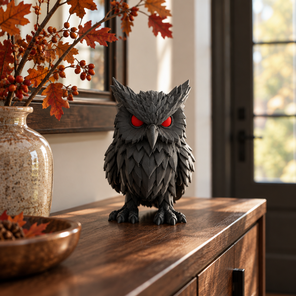 Crimson Watcher Owl on autumn entryway console