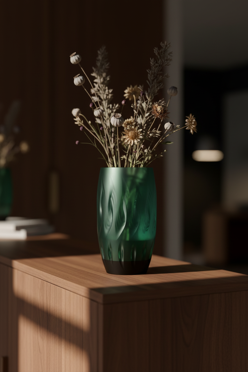 Twist Flame Vase translucent deep emerald green upper body matte black base organic wave flame dimple texture dried wildflowers warm walnut sideboard moody interior dramatic raking side light dark background portrait