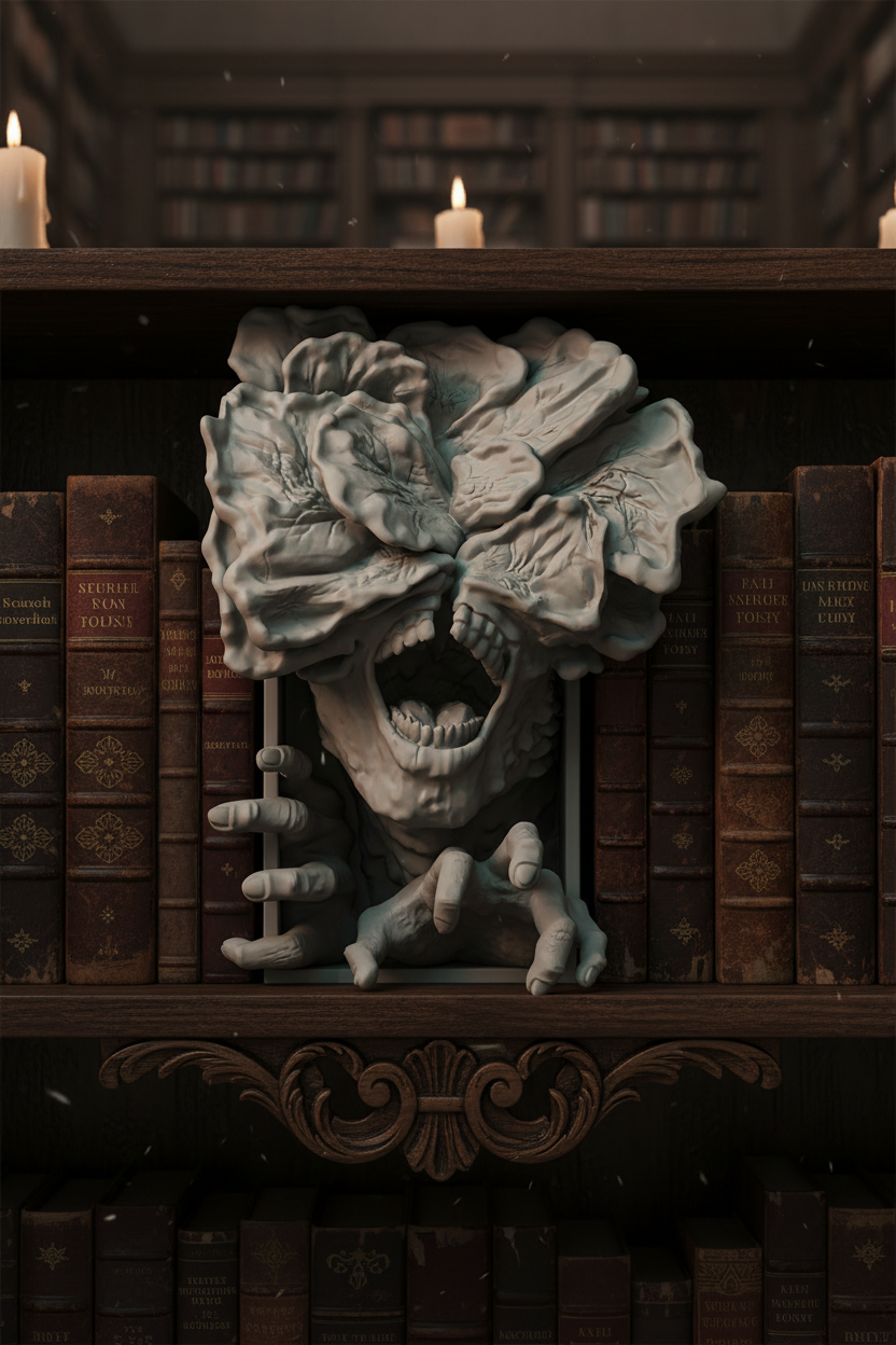 Stranger Things Demogorgon book nook relief sculpture grey framed box dark wooden bookshelf vintage hardcover books atmospheric moody horror library candlelight portrait