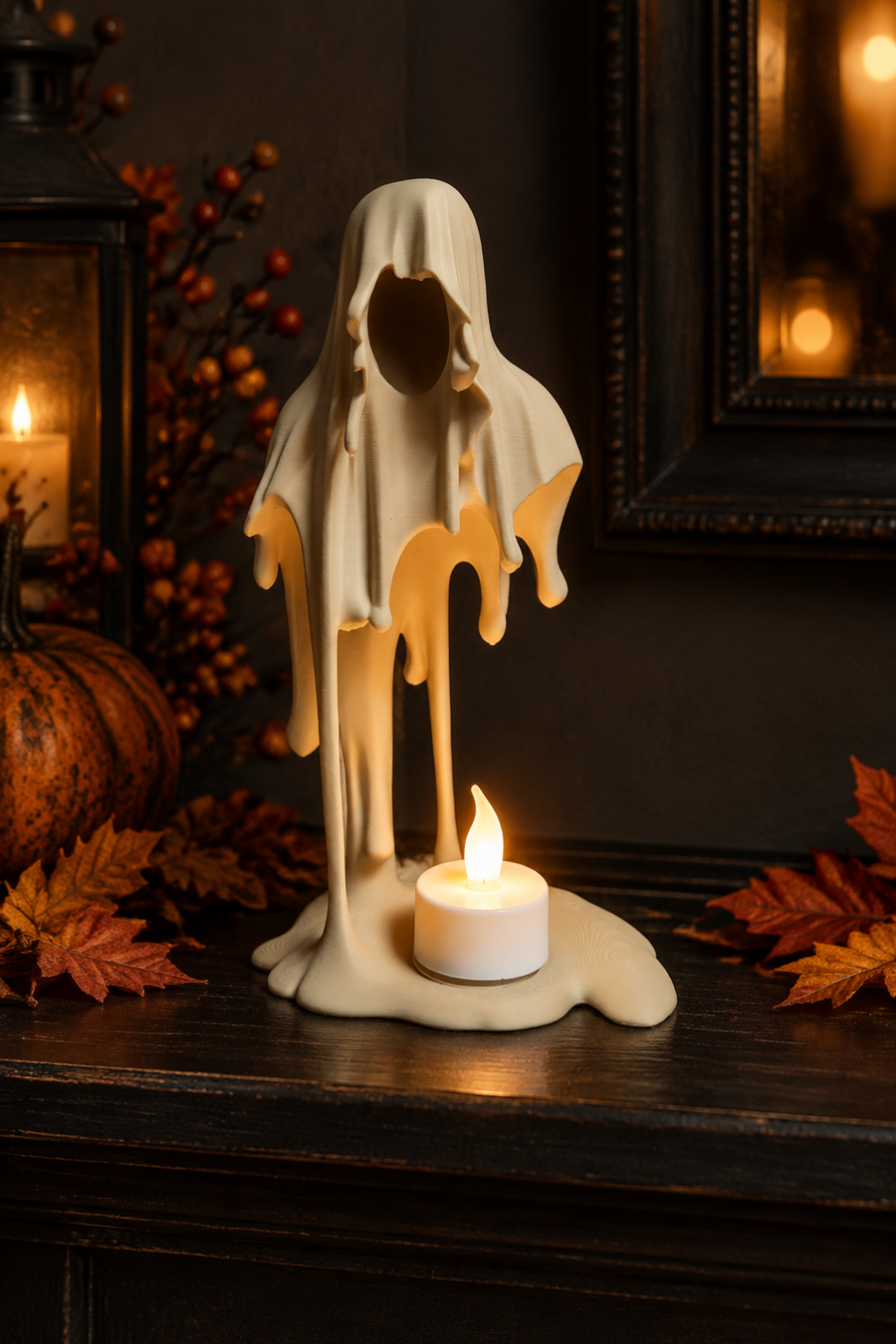 Pale hooded Grim Reaper tealight holder glowing on a dark autumn mantel