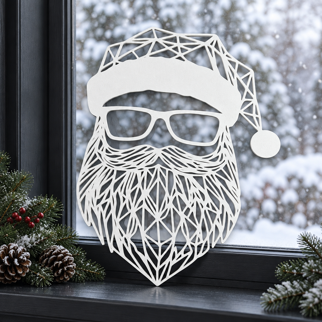 White geometric Santa sign on a dark-framed winter window ledge