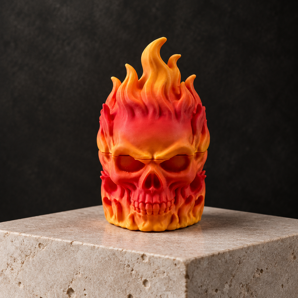 Flaming Skull Herb Grinder on stone plinth