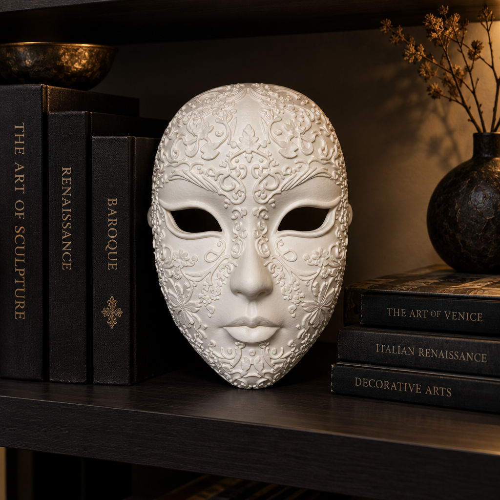 Decorative white floral mask displayed among dark art books