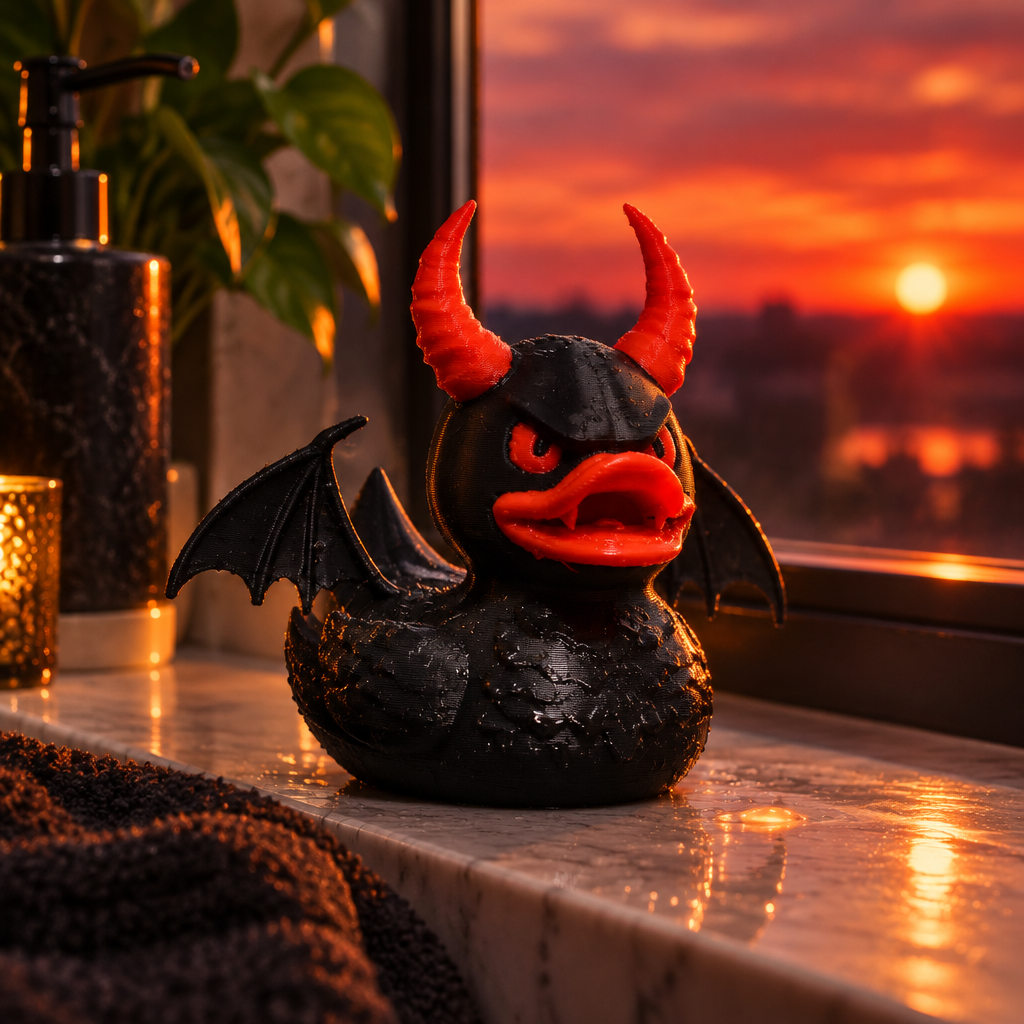 Devil bath duck displayed on a bathroom windowsill in dramatic evening light